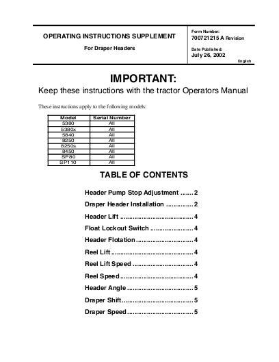 AGCO 5830 5840 8250 8450 SP80 SP110 Windrower (supplement) Operator Manual 700721215A English 1 AGCO 5830 5840 8250 8450 SP80 SP110 Windrower (supplement) Operator Manual 700721215A English