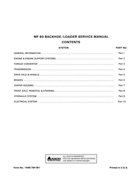 AGCO 60 Tractor Loader Backhoe (packet) Service Manual 1448794M1 English
