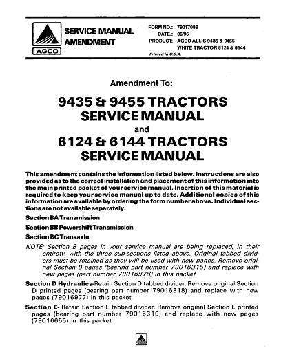 AGCO 6124 6144 9435 9455 Tractor (trans & hydraulic update) Service Manual 79017088 English