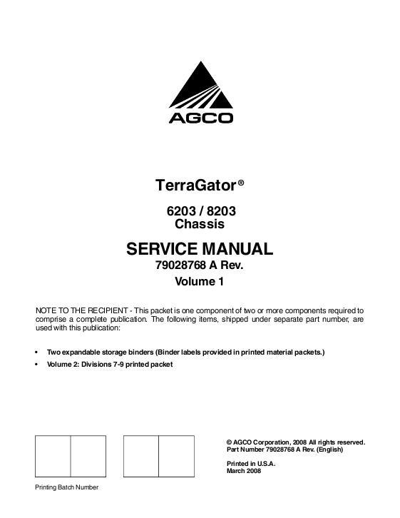 AGCO 6203 8203 TerraGator (chassis) (packet) Service Manual 79028768A English