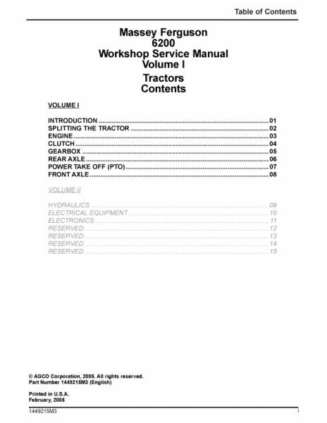 AGCO 6235 6245 6255 6260 6265 6270 6280 6290 (Volume 1) (packet) Service Manual 1449215M3 English