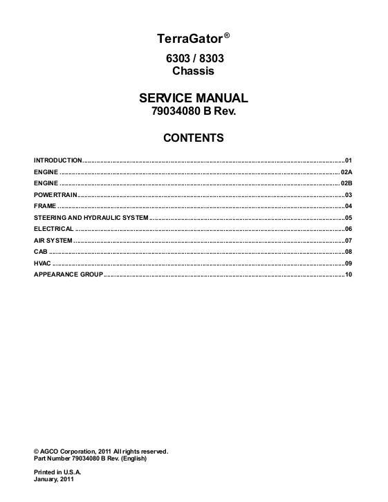 AGCO 6303 8303 TerraGator (chassis) (packet) Service Manual 79034080B English