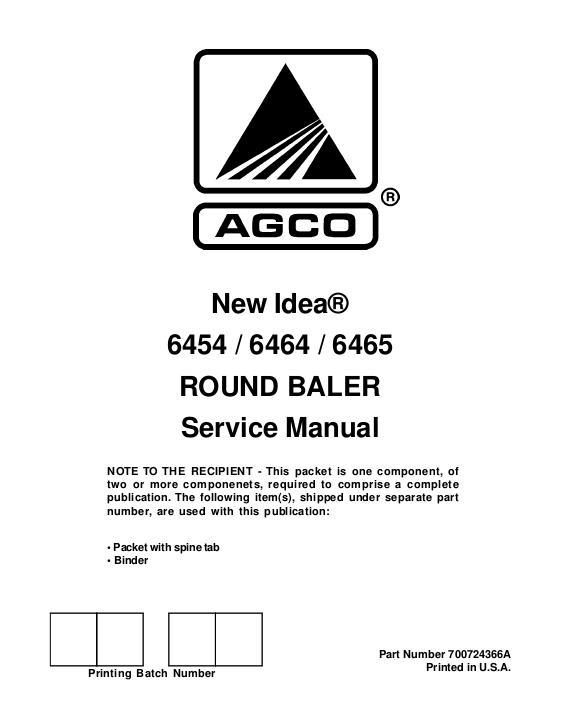 AGCO 6454 6464 6465 Round Baler Service Manual 700724366A English
