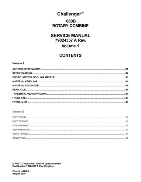 AGCO 680B Combine (2007-08) Vol 1 of 2 (packet) Service Manual 79024357A English