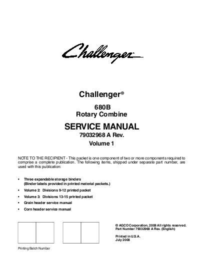 AGCO 680B Combine (eff sn HUC8101, 2009) (packet) Service Manual 79032968A English
