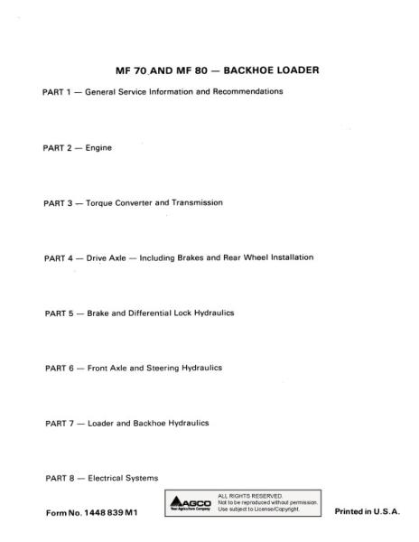AGCO 70 80 Tractor Loader Backhoe (packet) Service Manual 1448839M1 English