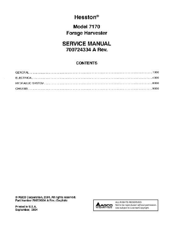AGCO 7170 Forage Harvester (packet) Service Manual 700724334A English
