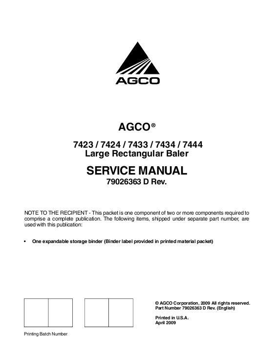 AGCO 7423 7424 7433 7434 7444 Baler (packet) Service Manual 79026363D English