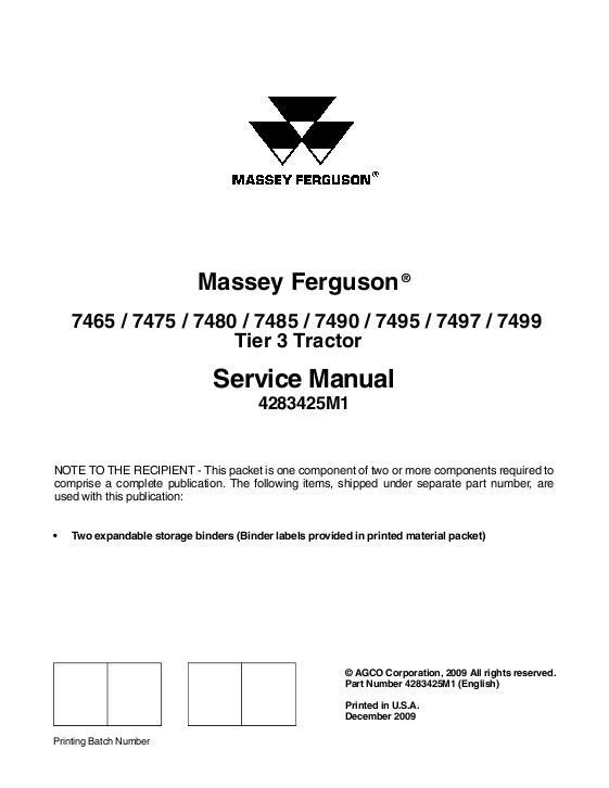 AGCO 7465 7475 7480 7485 7490 7495 7497 7499 Tractor (tier 3) (packet) Service Manual 4283425M1 English
