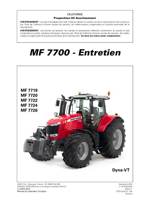 AGCO 7719 - 7726 Tractor (Dyna-VT, maintenance) Operator Manual ACT0007500 French 1 AGCO 7719 - 7726 Tractor (Dyna-VT, maintenance) Operator Manual ACT0007500 French