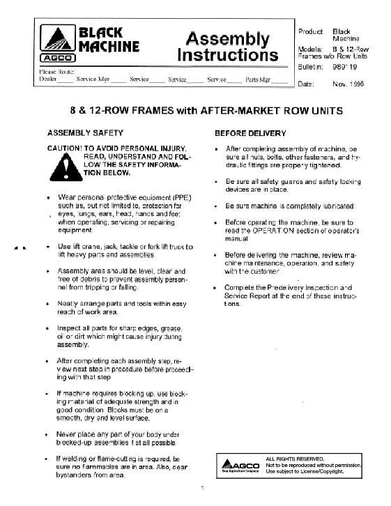 AGCO 8 & 12 Row Black Machine Planter (aftermarket row units) Operator Manual 989119 English 1 AGCO 8 & 12 Row Black Machine Planter (aftermarket row units) Operator Manual 989119 English