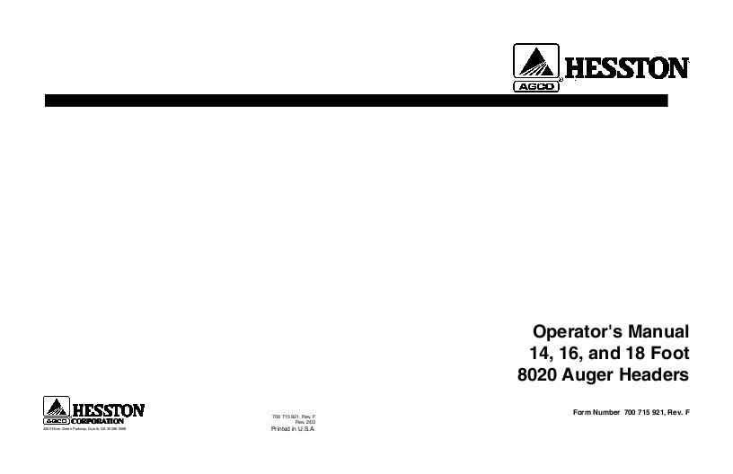 AGCO 8020 Auger Header (14 ft 16 ft 18 ft) Operator Manual 700715921F English 1 AGCO 8020 Auger Header (14 ft 16 ft 18 ft) Operator Manual 700715921F English