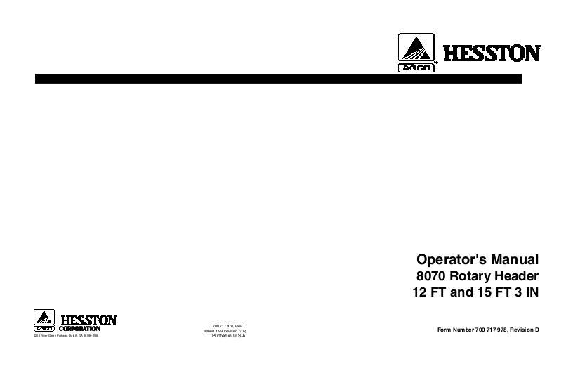 AGCO 8070 Rotary Header (12 ft 15 ft) Operator Manual 700717978D English 1 AGCO 8070 Rotary Header (12 ft 15 ft) Operator Manual 700717978D English