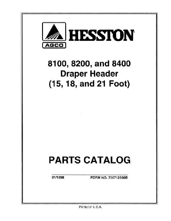AGCO 8100 8200 8400 Draper Header (15 ft 18 ft 21 ft) Parts Book 700712680B English