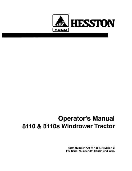 AGCO 8110 8110S Windrower Tractor Operator Manual 700717364B English