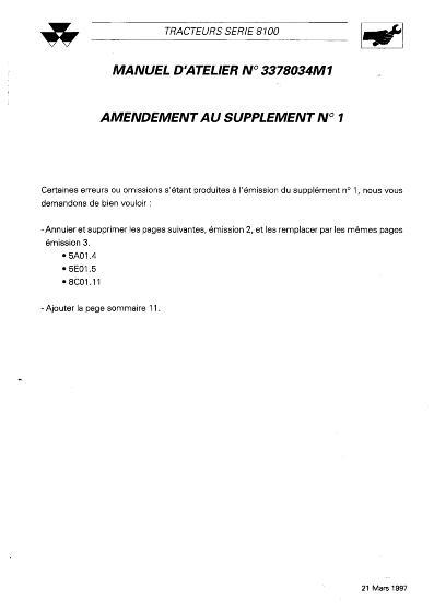 AGCO 8120 8140 8150 8160 Tractor (supplement, 1997) Service Manual 3378034M1 French