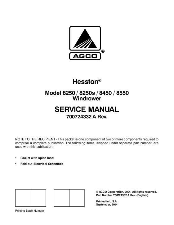 AGCO 8250 8250S 8450 8550 Windrower Tractor (packet) Service Manual 700724332A English