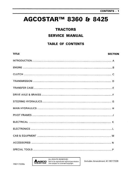 AGCO 8360 8425 Articulated Tractor (packet) Service Manual 79017226B English