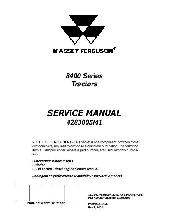 AGCO 8450 8460 8470 8480 Tractor (packet) Service Manual 4283005M1 English