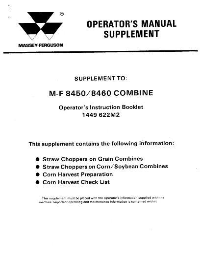 AGCO 8450 8460 Combine (straw chopper corn harvest supplement) Operator Manual 1449627M3 English