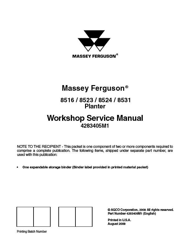 AGCO 8516 8516 8524 8531 Planter (eff sn HS) (packet) Service Manual 4283405M1 English