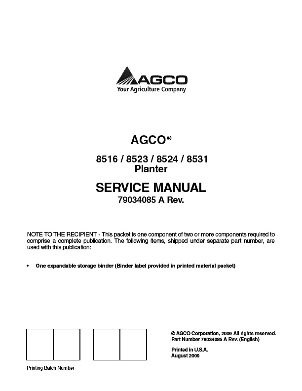 AGCO 8516 8523 8524 8531 Planter (eff sn 'HS') (packet) Service Manual 79034085A English