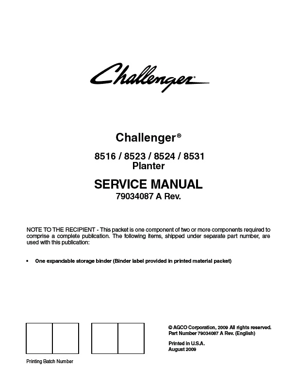 AGCO 8516 8523 8524 8531 Planter (eff sn 'HS') (packet) Service Manual 79034087A English