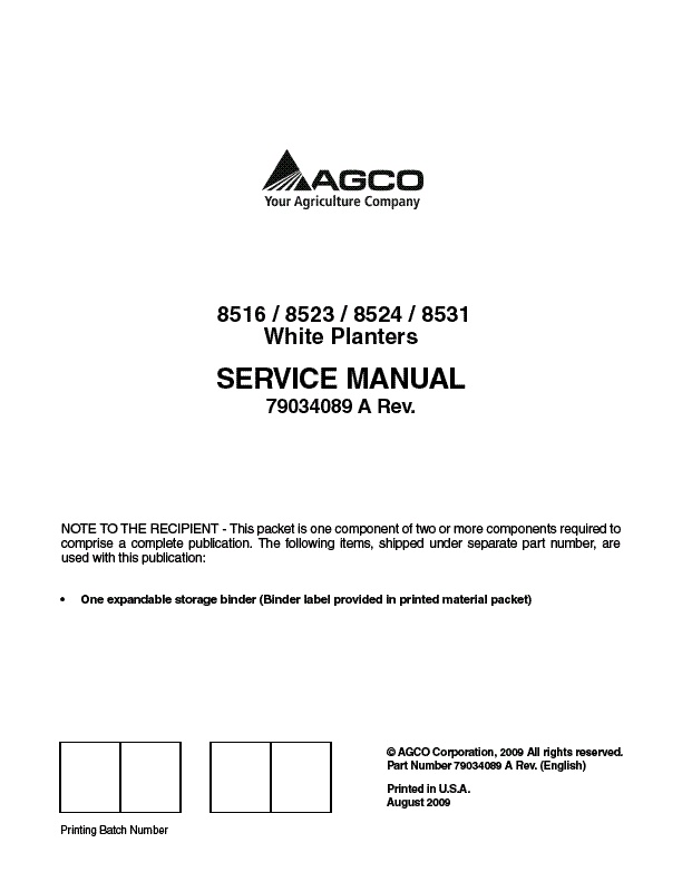 AGCO 8516 8523 8524 8531 Planter (eff sn HS) (packet) Service Manual 79034089A English