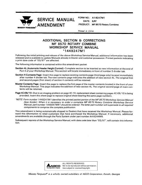 AGCO 8570 Combine (amendment for use with 1449247M1) Service Manual A1-9247M1 English