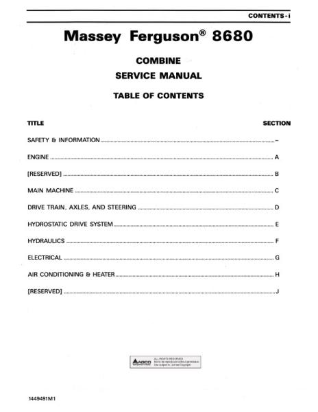 AGCO 8680 Combine (packet) Service Manual 1449491M1 English