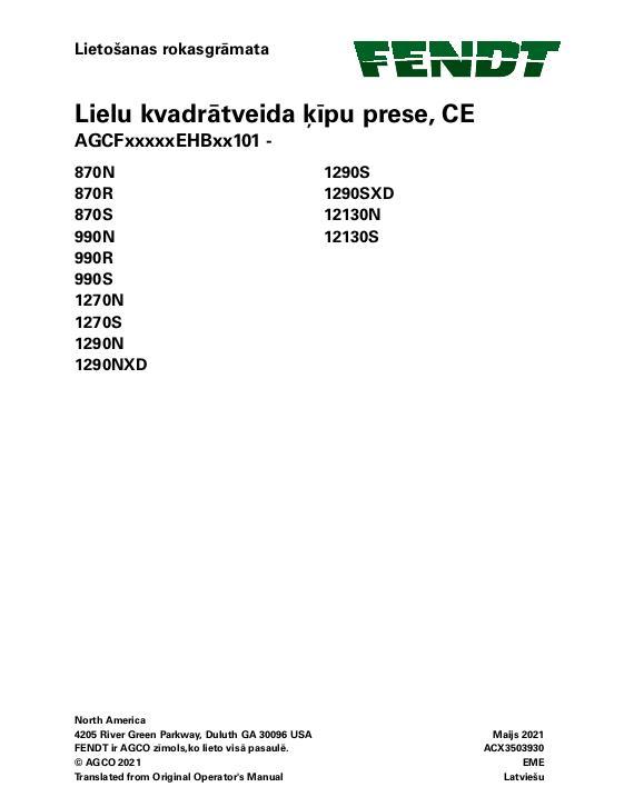AGCO 870 990 1270 1290 12130 Baler (eff sn EHBxx101) (CE) Operator Manual ACX3503930 Latvian 1 AGCO 870 990 1270 1290 12130 Baler (eff sn EHBxx101) (CE) Operator Manual ACX3503930 Latvian