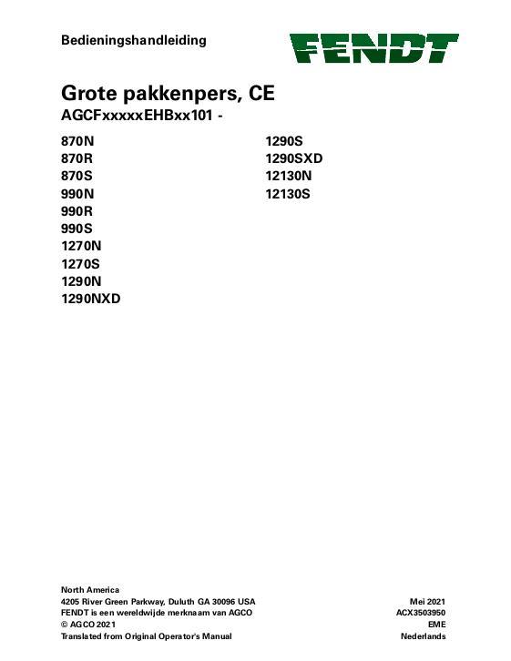 AGCO 870 990 1270 1290 12130 Baler (eff sn EHBxx101) (CE) Operator Manual ACX3503950 Dutch 1 AGCO 870 990 1270 1290 12130 Baler (eff sn EHBxx101) (CE) Operator Manual ACX3503950 Dutch
