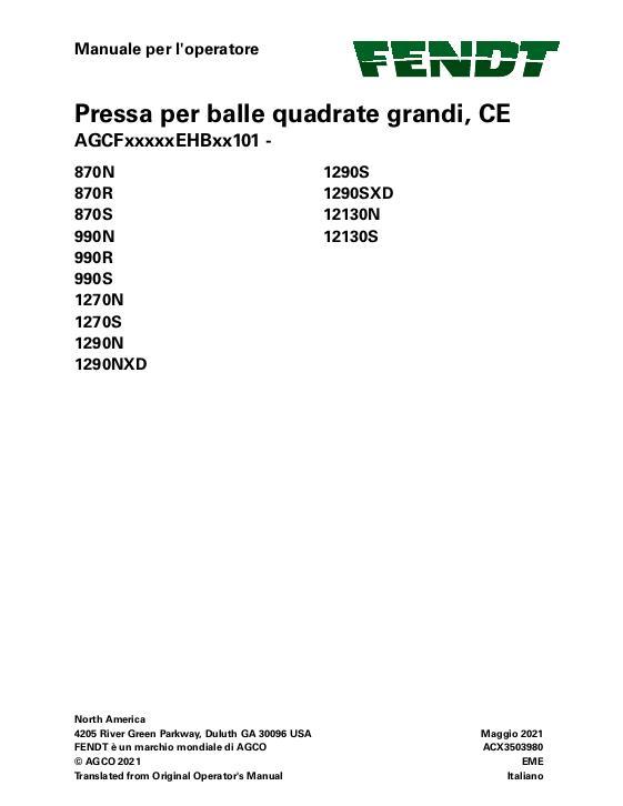 AGCO 870 990 1270 1290 12130 Baler (eff sn EHBxx101) (CE) Operator Manual ACX3503980 Italian 1 AGCO 870 990 1270 1290 12130 Baler (eff sn EHBxx101) (CE) Operator Manual ACX3503980 Italian