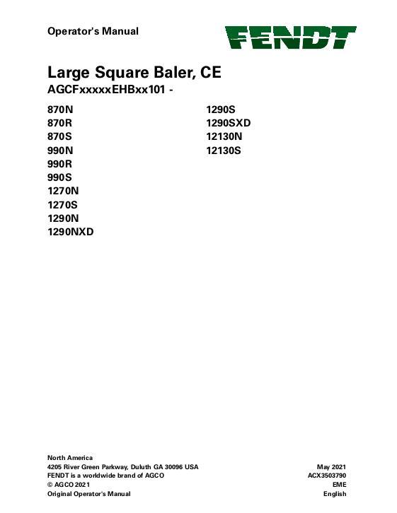 AGCO 870 990 1270 1290 12130 Baler (eff sn EHBxx101) Operator Manual ACX3503790 English 1 AGCO 870 990 1270 1290 12130 Baler (eff sn EHBxx101) Operator Manual ACX3503790 English