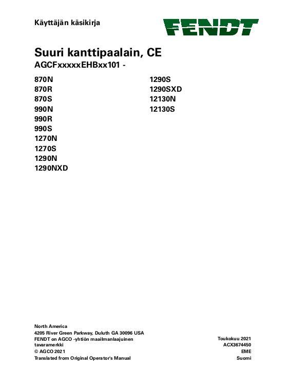 AGCO 870 990 1270 1290 12130 Baler (eff sn EHBxx101) Operator Manual ACX3674450 Finnish 1 AGCO 870 990 1270 1290 12130 Baler (eff sn EHBxx101) Operator Manual ACX3674450 Finnish