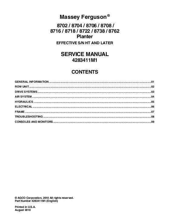 AGCO 8700 Series Planter (packet) Service Manual 4283411M1 English