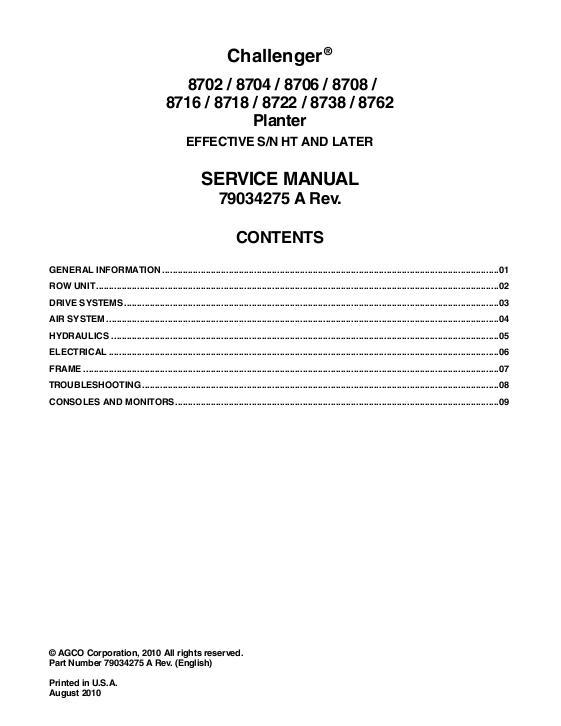 AGCO 8700 Series Planter (packet) Service Manual 79034275A English