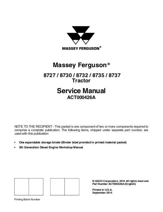 AGCO 8727 8730 8732 8735 8737 Tractor (packet) Service Manual ACT000426A English