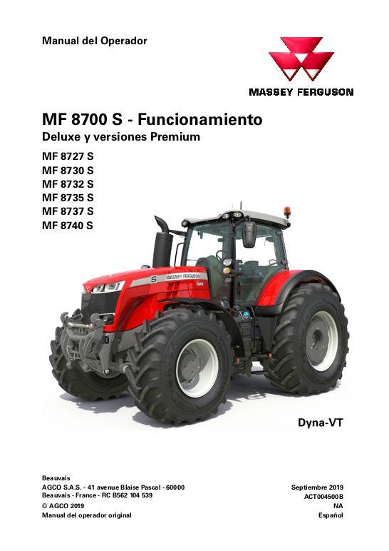 AGCO 8727S to 8740S Tractor (Dyna-VT, deluxe premium cab, operation) Operator Manual ACT004500B Spanish 1 AGCO 8727S to 8740S Tractor (Dyna-VT, deluxe premium cab, operation) Operator Manual ACT004500B Spanish