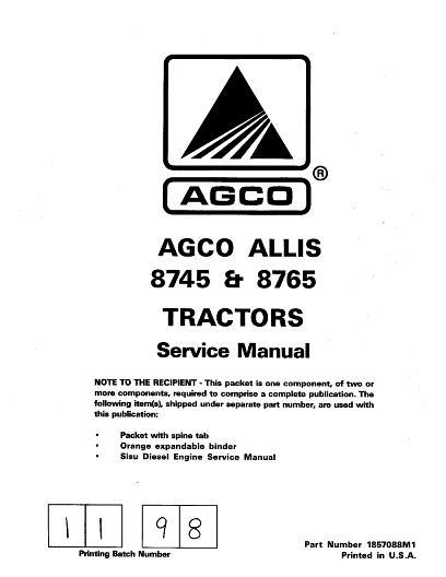 AGCO 8745 8765 Tractor (packet) Service Manual 1857088M1 English