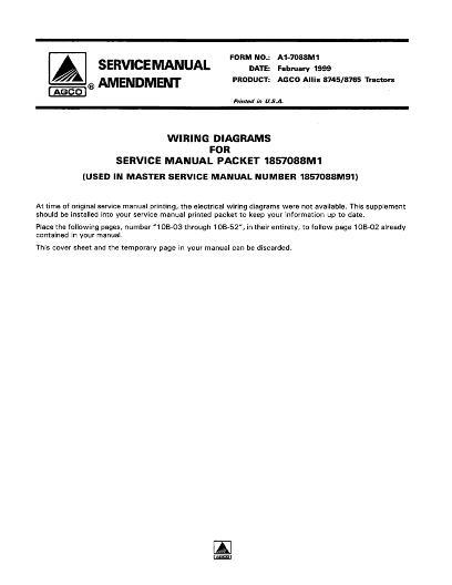 AGCO 8745 8765 Tractor (wiring diagram amendment, 1999) Service Manual A1-7088M1 English