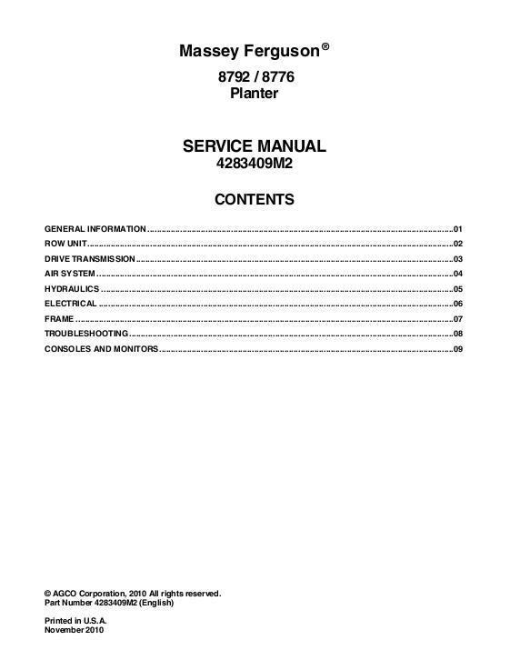 AGCO 8776 8792 Planter (packet) Service Manual 4283409M2 English