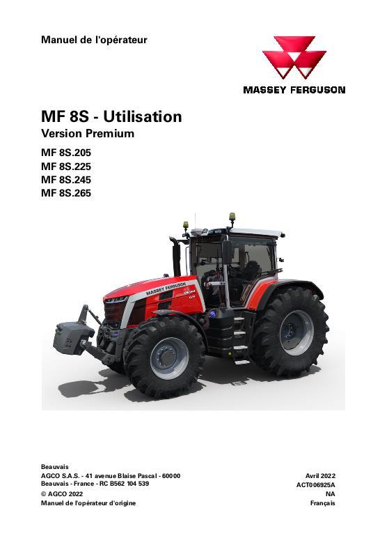 AGCO 8S.205 to 8S.265 Tractor (Dyna E-Power, premium, operation) Operator Manual ACT006925A French