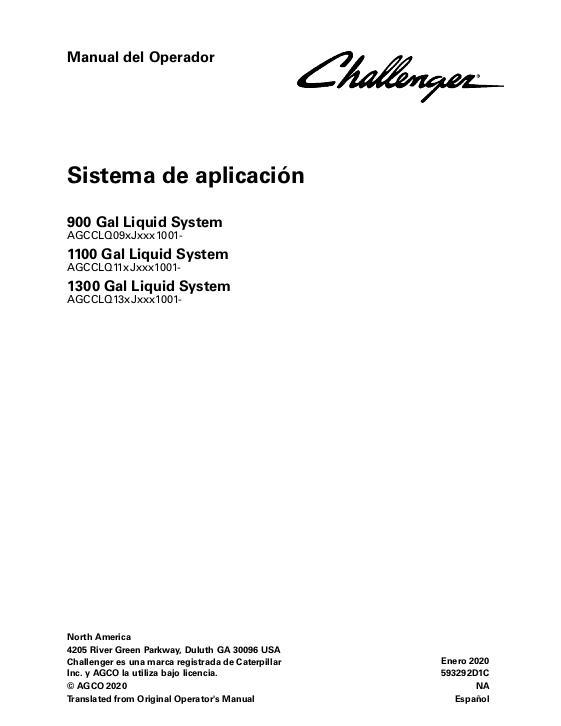 AGCO 900 1100 1300 Gallon RoGator Liquid (system) Operator Manual 593292D1C Spanish 1 AGCO 900 1100 1300 Gallon RoGator Liquid (system) Operator Manual 593292D1C Spanish