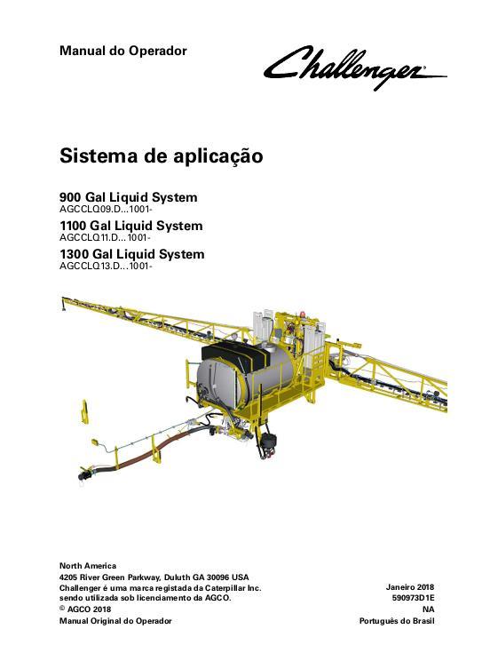 AGCO 900 1100 1300 Gallon RoGator (liquid system) Operator Manual 590973D1E Portuguese