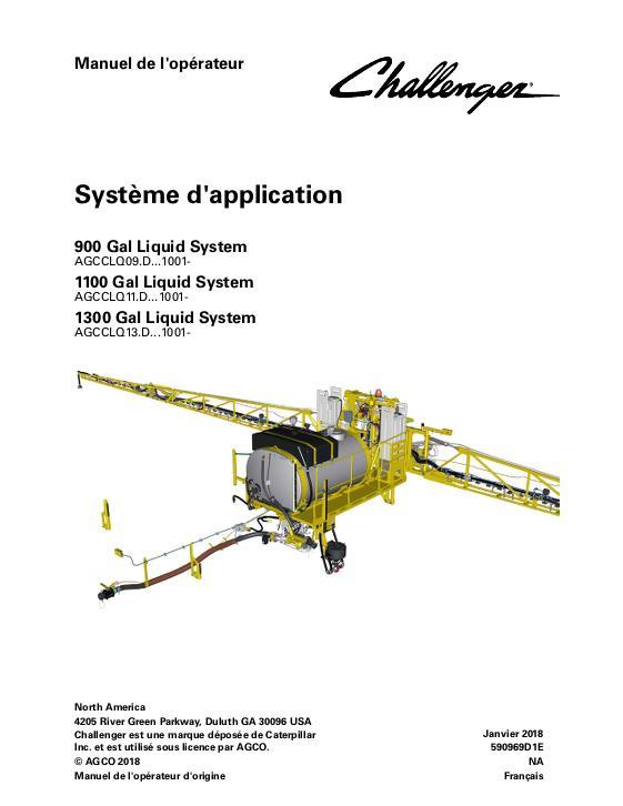 AGCO 900 1100 1300 Gallon RoGator (liquid system, eff Dxxx1001) Operator Manual 590969D1E French