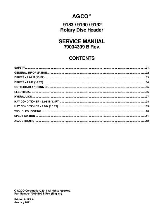 AGCO 9183 9190 9192 Rotary Disc Header (packet) Service Manual 79034399B English