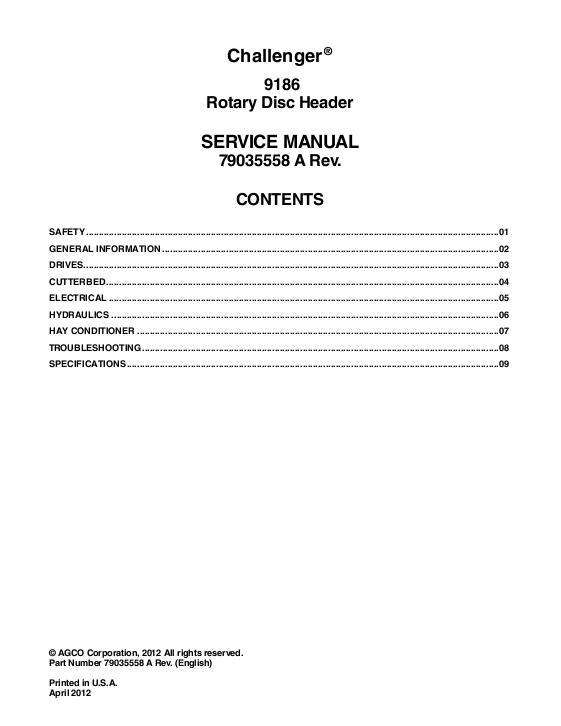 AGCO 9186 Rotary Disc Header (packet) Service Manual 79035558A English