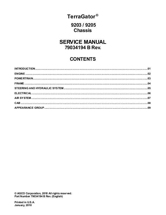 AGCO 9203 9205 TerraGator (chassis) (packet) Service Manual 79034194B English