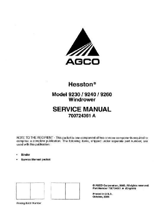 AGCO 9230 9240 9260 Windrower Tractor (packet) Service Manual 700724361A English